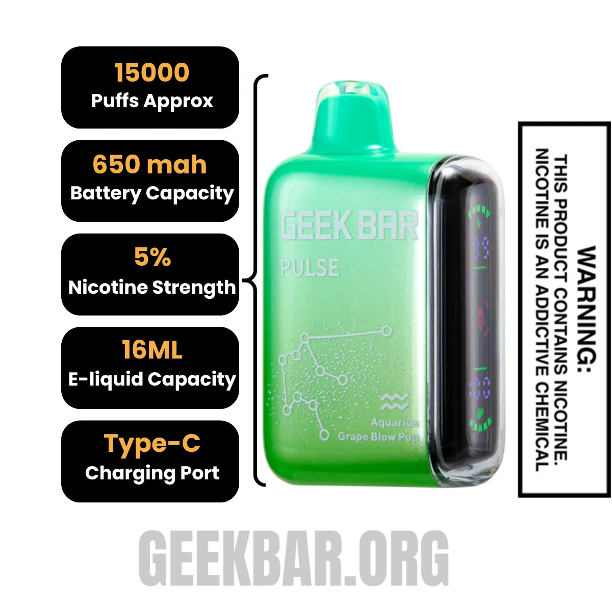 Aquarius Grape Blow Pop Geek Bar Pulse Vape Specifications