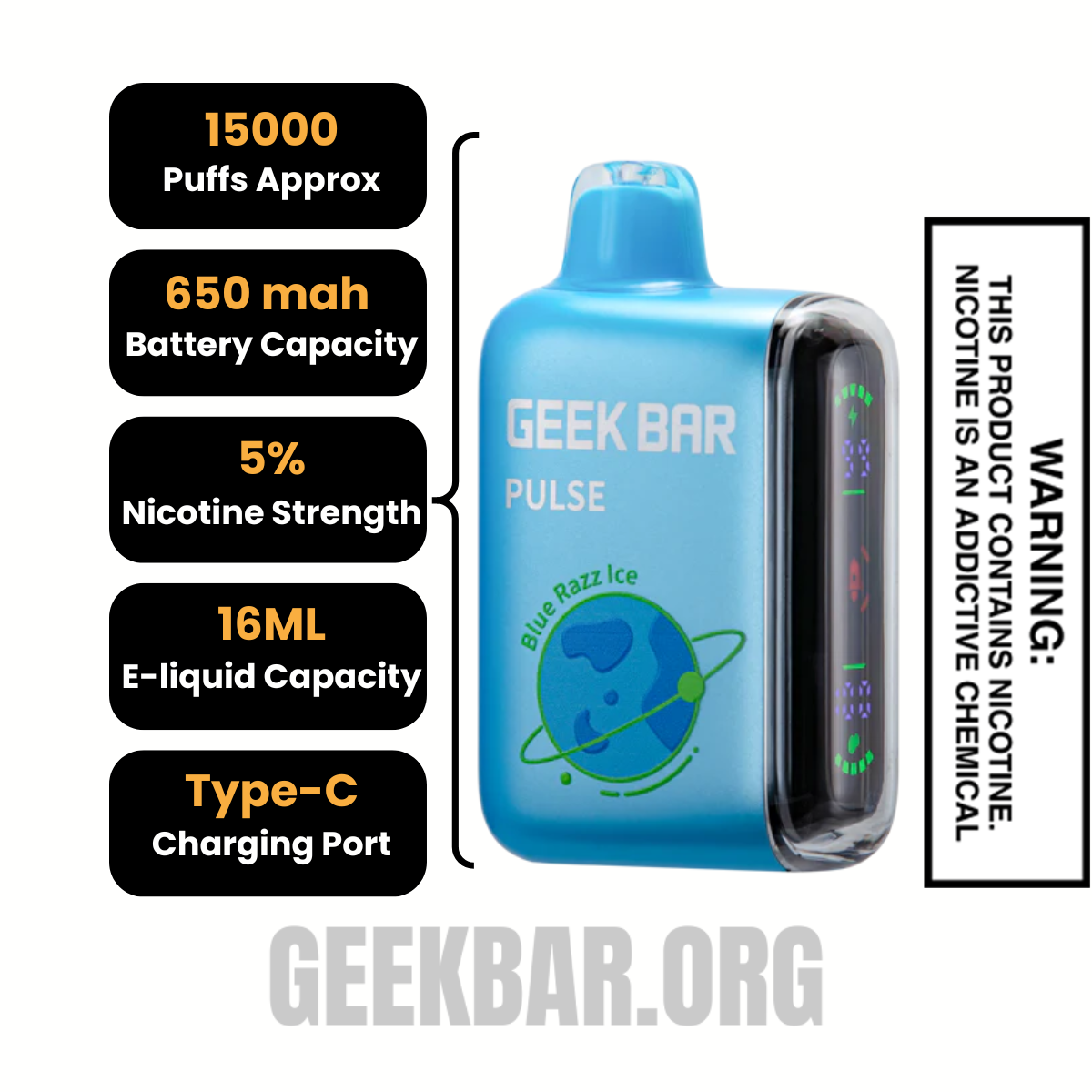 Blue Razz Ice Geek Bar Pulse Vape Specifications
