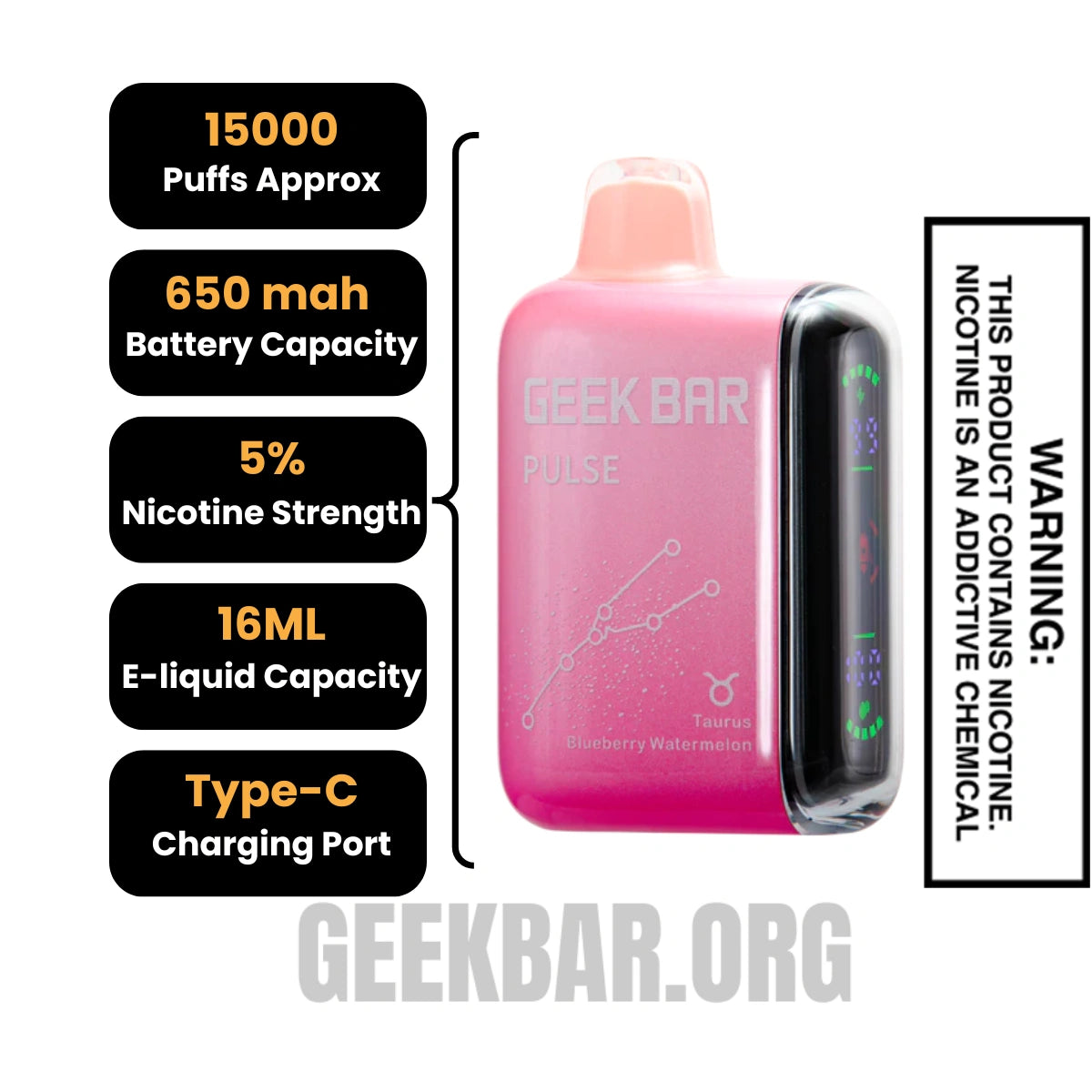 Blueberry Watermelon Geek Bar Pulse Vape (Taurus)Specifications