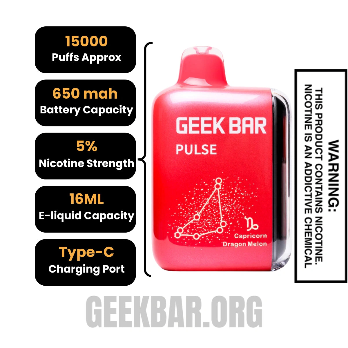 Dragon Melon Geek Bar Pulse Vape (Capricorn) Specifications