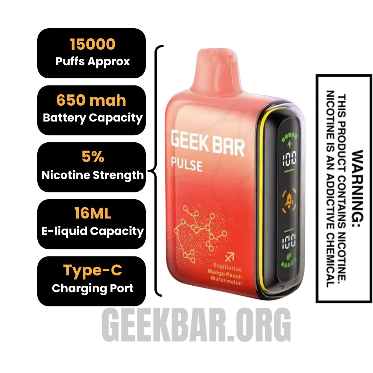 Mango Peach Watermelon Geek Bar Pulse Vape Specifications