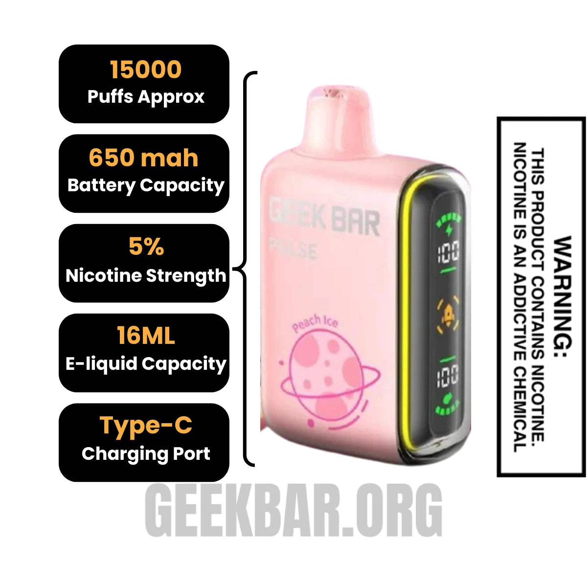 Peach Ice Geek Bar Pulse Vape Specifications