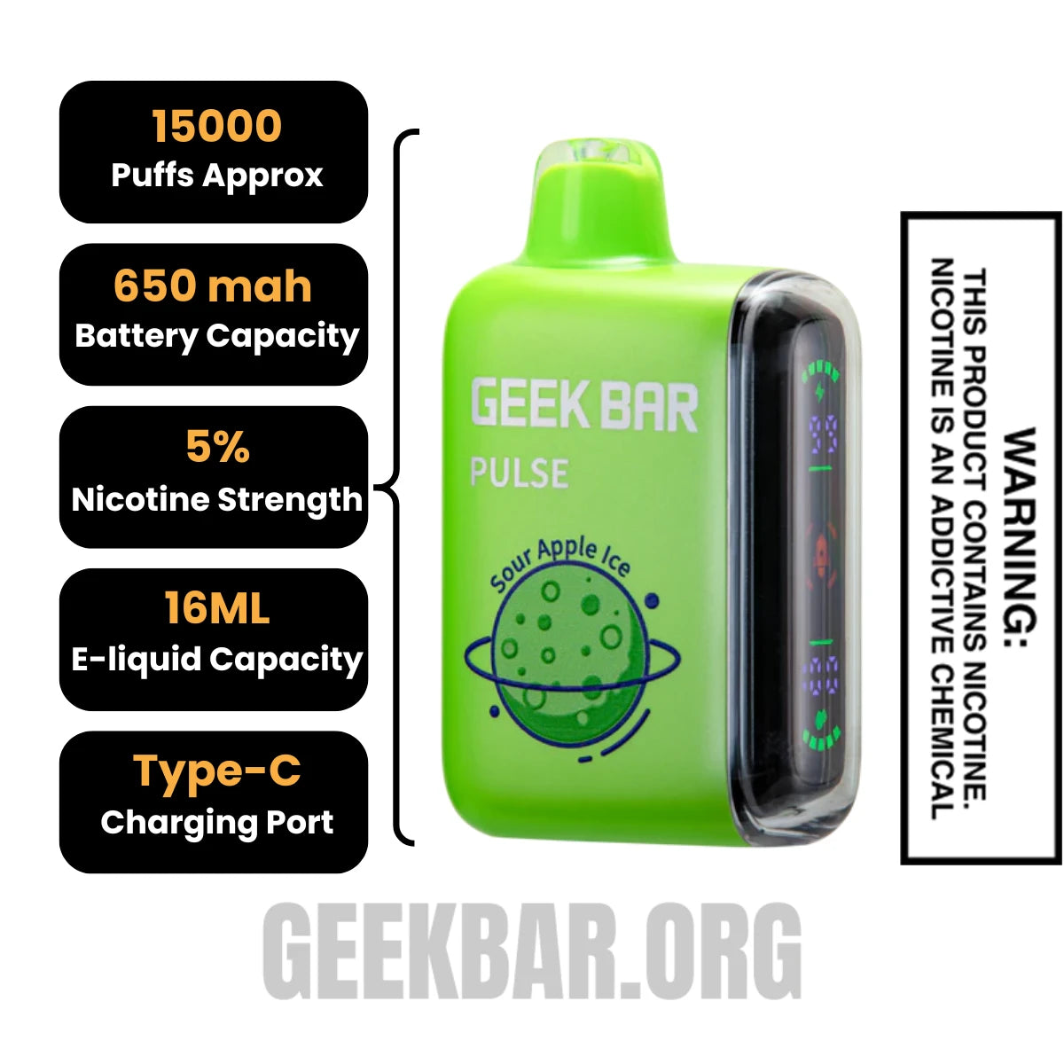 Sour Apple Ice Geek Bar Pulse Disposable Vape Specification