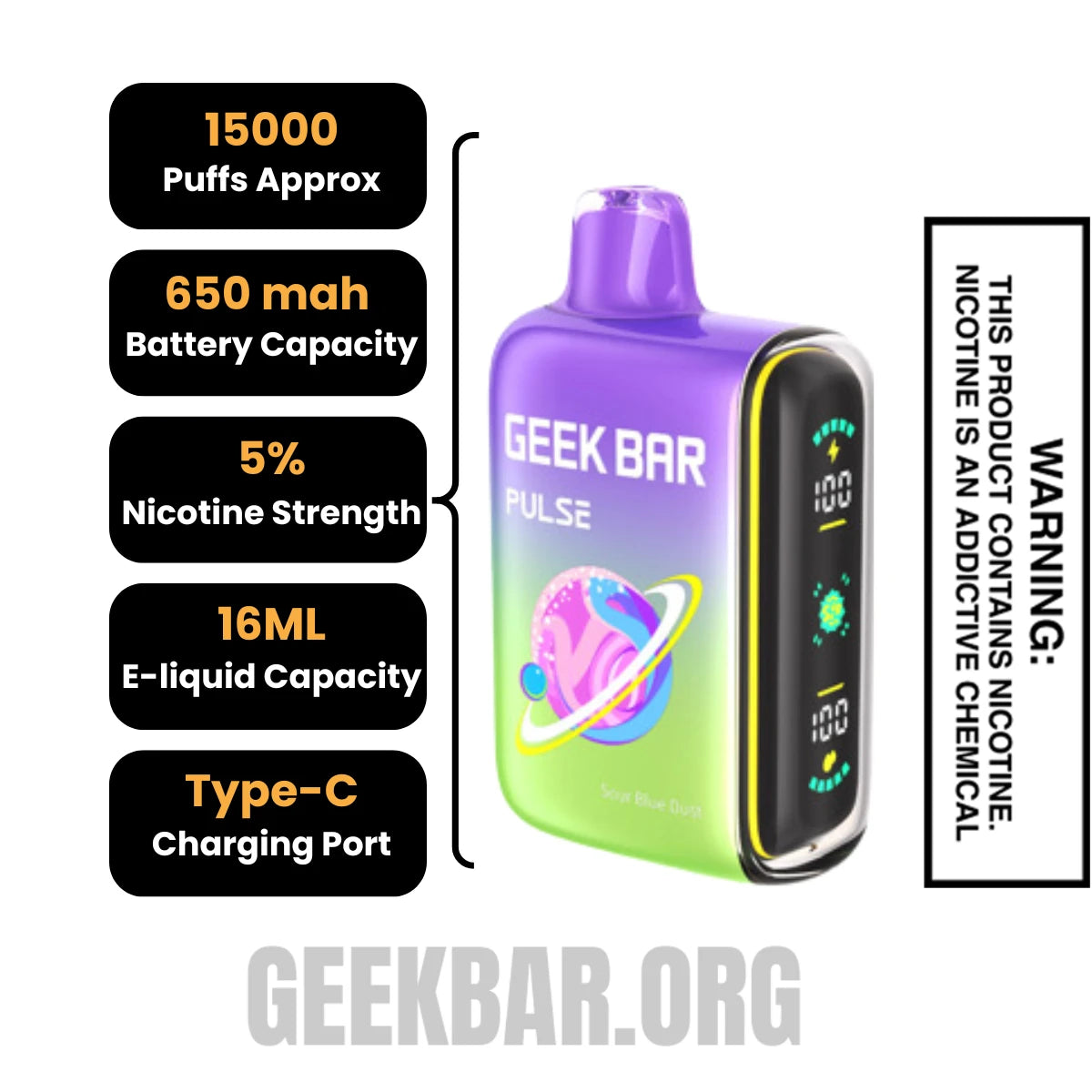 SourBlueDustGeekBarPulseDisposableVapeSpecifications