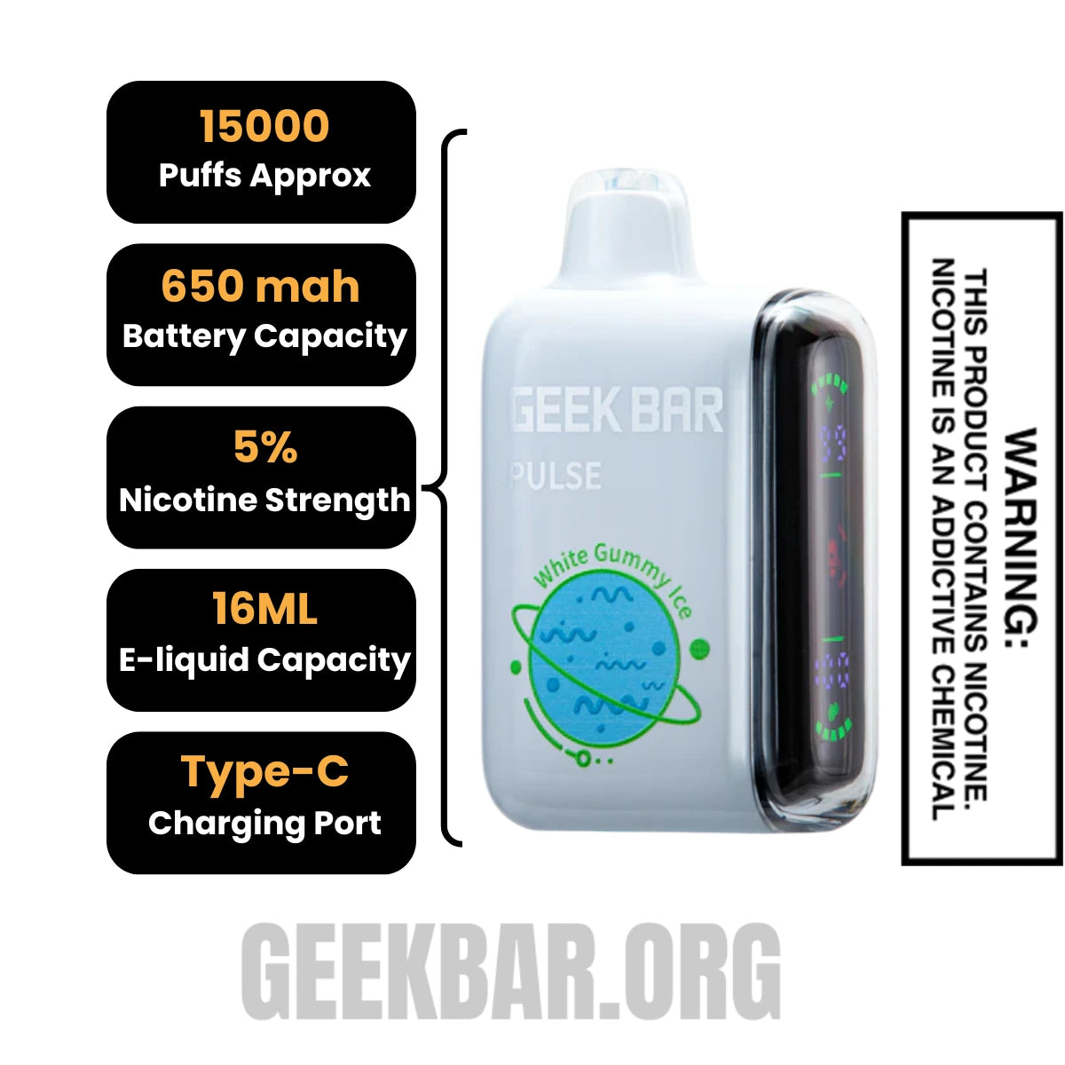 White Gummy Ice Geek Bar Pulse Disposable Vape Specification