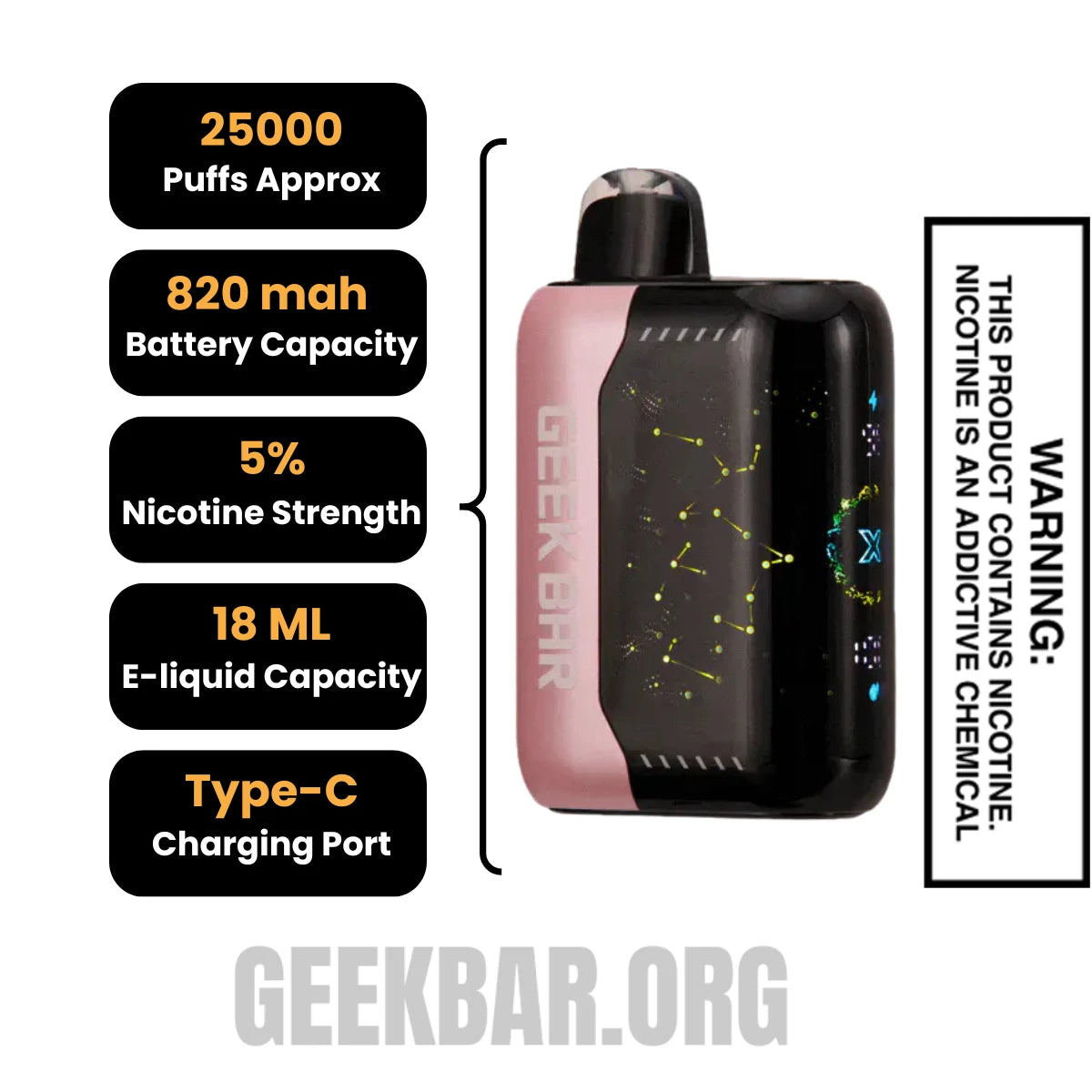 WhitePeachRaspberryGeekBarPulseXDisposableVapeSpecifications